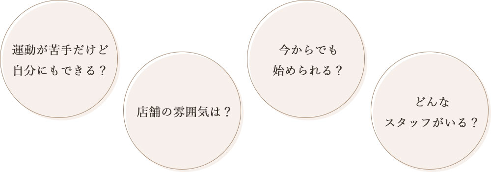 ・運動が苦手だけど自分にもできる？
・店舗の雰囲気は？
・今からでも始められる？
・どんなスタッフがいる？