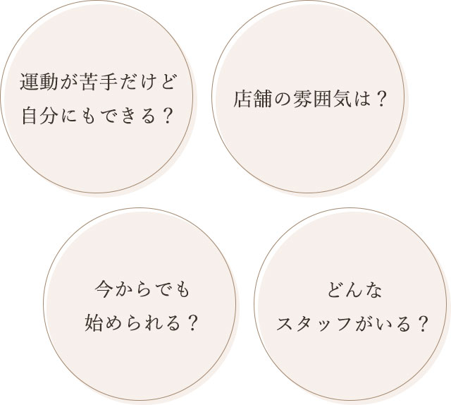 ・運動が苦手だけど自分にもできる？
・店舗の雰囲気は？
・今からでも始められる？
・どんなスタッフがいる？